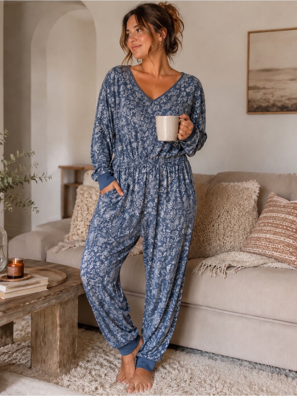 Lacy Chabert Collection Luxe French Terry Blue Paisley Loungewear Jumpsuit L